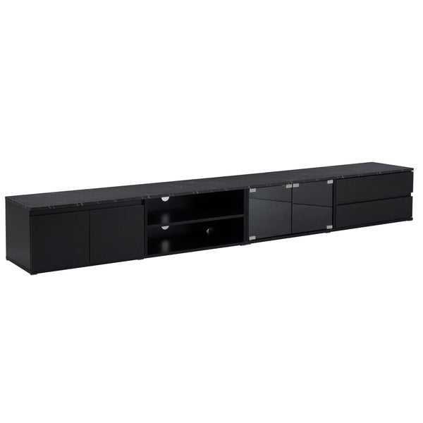 English Elm ON-TREND Modern APP-Controlled LED TV Stand for TVs up to 105" with Faux Marble Top, Tempered Glass Doors, Ample Storage, Cable Management, and High Load Capacity for Living Room Entertainment Center Black N721P171537B