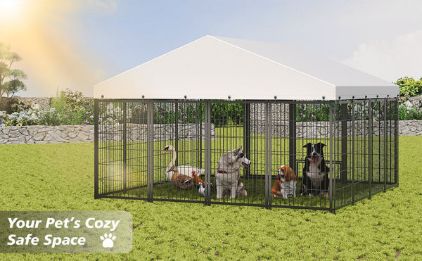 English Elm Large Heavy Duty Metal Dog Kennel Outdoor Run with Waterproof Roof and Secure Panel Frame W1820P318708