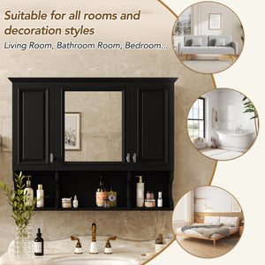English Elm 35'' Modern Wall-Mounted Medicine Cabinet with Mirror, Hidden Storage and Open Shelves for Bath Black N710P209443B