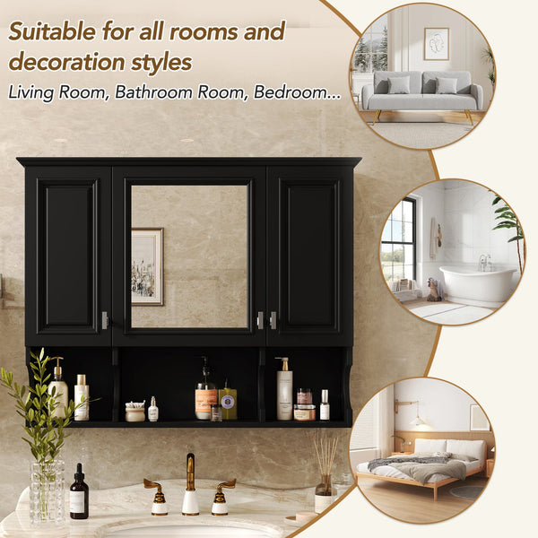 English Elm 35'' Modern Wall-Mounted Medicine Cabinet with Mirror, Hidden Storage and Open Shelves for Bath Black N710P209443B