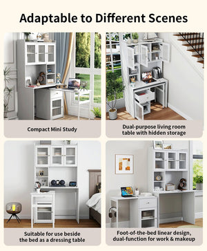 English Elm Computer Desk with Glass Doors, Hutch & Drawer Storage, Rotating 90° Desktop and Spacious Work Surface White W331S00194