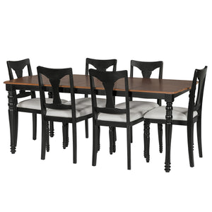 English Elm 7-Piece Extendable Dining Set with Removable Leaf and 6 Upholstered Chairs, Solid Rubberwood Legs, Seats 6 Black+Brown N752S000030B