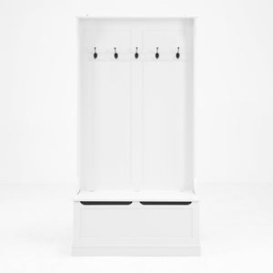 English Elm Entryway Bench Hall Tree with Shoe Storage and 5 Hooks, White MDF Organizer Seat with Hinge Safety W409P262447