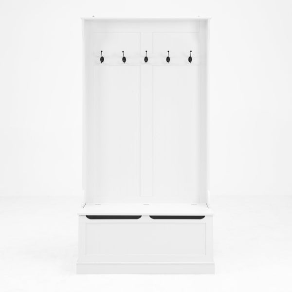 English Elm Entryway Bench Hall Tree with Shoe Storage and 5 Hooks, White MDF Organizer Seat with Hinge Safety W409P262447