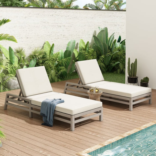 English Elm Trexm Solid Acacia Wood Outdoor Reclining Lounge Chair Set of 2 with Cushions Gray TM000033AAE