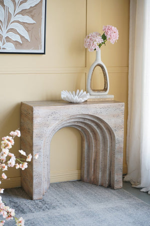 English Elm 32.3x14.2x29.9" Arched Sculptural Console Faux Travertine Stone Entryway Table W2078P442934