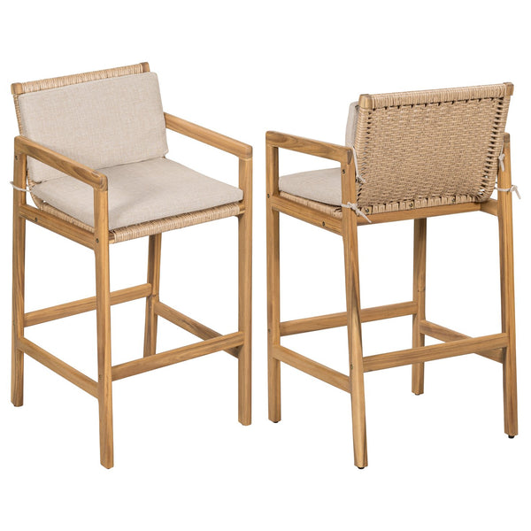English Elm Christopher Knight Home® - Marcella Teak-Finish Acacia Outdoor Barstool Set of 2 with Beige Integrated Cushion & Wicker Backrest N775P301184T