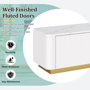 English Elm ON-TREND Fluted TV Stand with Faux Marble Top and Gold Base — 78.7" Modern Media Console with 4 Drawers White N721P298025K