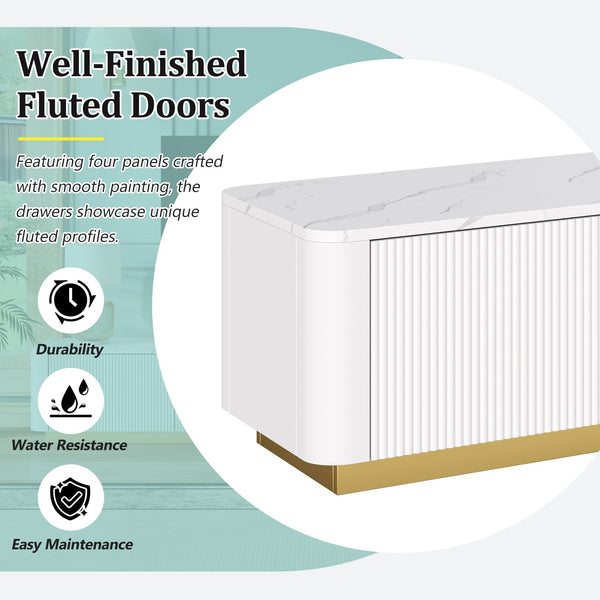 English Elm ON-TREND Fluted TV Stand with Faux Marble Top and Gold Base — 78.7" Modern Media Console with 4 Drawers White N721P298025K