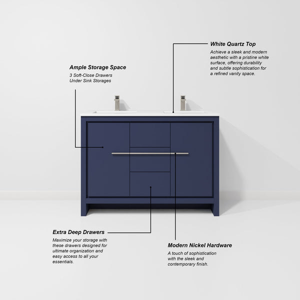 English Elm Navy Blue Double Bath Vanity With White Quartz Top, Gun Metal Faucet & 43" Mirror For Luxury Upgrade B2731S01703