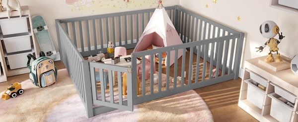 English Elm Twin Floor Bed Pine Wood Frame with Guardrails and Door for Safe Toddler Sleep Gray W1580P418052