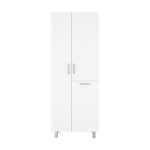 English Elm Iris 71" Tall Two-Door Broom Closet With Built-In Hamper, Adjustable Shelves, Slim White Storage B070S00402