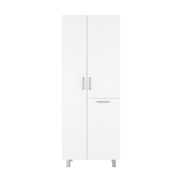 English Elm Iris 71" Tall Two-Door Broom Closet With Built-In Hamper, Adjustable Shelves, Slim White Storage B070S00402