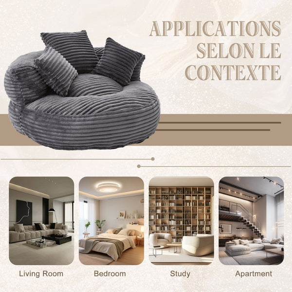 English Elm Bean Bag Sofa Oversized Corduroy Floor Lounge Chair with Armrests Pillows Foam Fill Dark Gray W395P426814