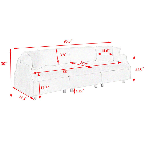 English Elm 95.3 Black and White Tandy 3-Seat Teddy Sofa with Metal White Legs, Solid Wood Frame, Plush Sponge Cushions and Two Throw Pillows for Modern Living Room Comfort and Style W1278S00073