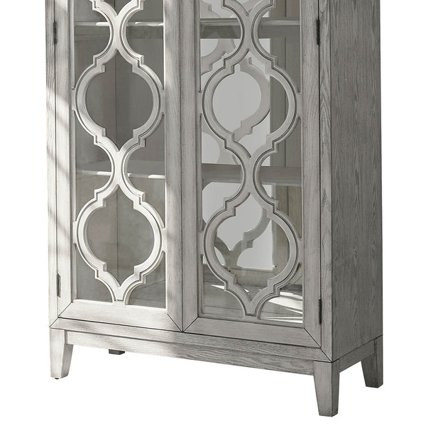 English Elm Leslie Distressed Antique White 2-Door Cabinet with Lattice Doors, Mirrored Interior & 4 Shelves B062P353476