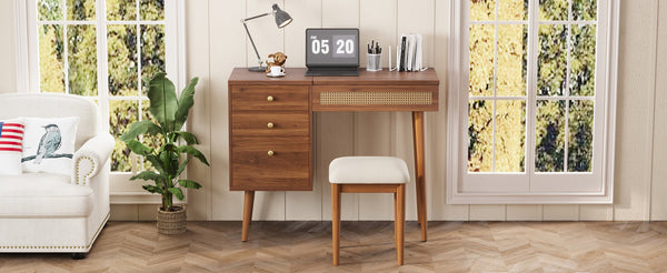 English Elm 39" Retro Bohemian Vanity Desk with Flip-Top Mirror & LED Lights, Rattan Drawers, 3-Drawer Storage, Walnut Finish N733P361800D