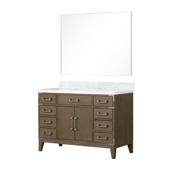English Elm Grey Oak Single Bath Vanity 48in W x 22in D with Carrara Marble Top, Soft-Close Storage & 46in Mirror B2731S01471