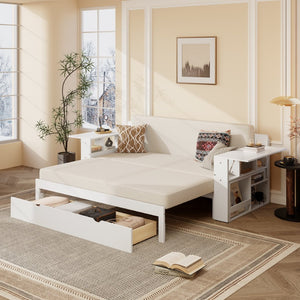 English Elm Queen Daybed with Hydraulic Desk Storage Drawers and Convertible Sofa for Small Spaces White LT000272AAK