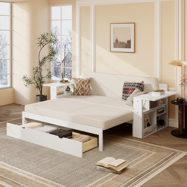English Elm Queen Daybed with Hydraulic Desk Storage Drawers and Convertible Sofa for Small Spaces White LT000272AAK