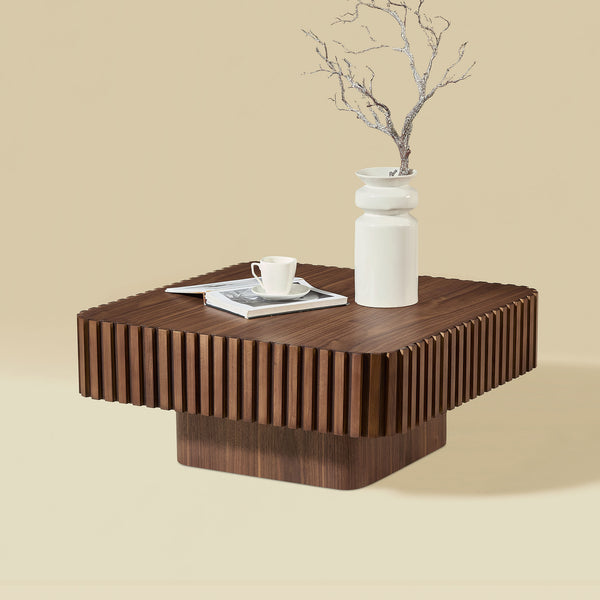 English Elm 31.5 Inch Modern Handcraft Drum Coffee Table Square MDF Pedestal Low Profile Rustic Accent Table Walnut W2582P360258