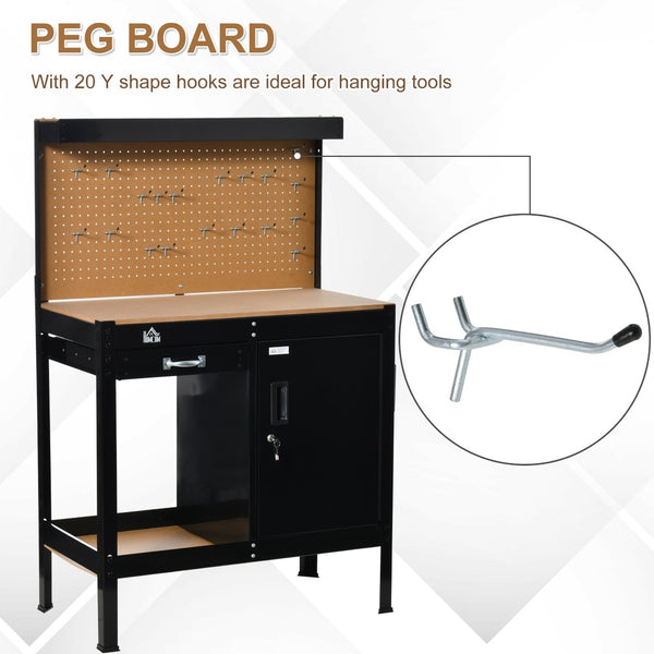English Elm Multipurpose Workshop Table with Pegboard Steel Frame Lockable Cabinet and Drawer T3971P389483