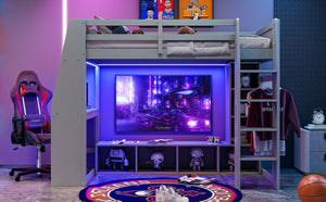 English Elm Wood Twin Size Gaming Loft Bed With Desk, Shelves, Led Lights & Clothes Rack - Gray Space Saver! N7090001041E-GIGA