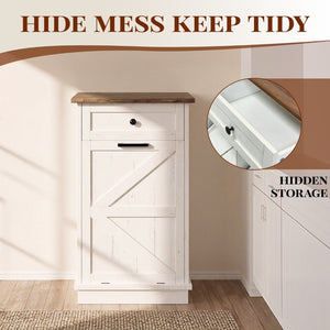 English Elm Tilt Out Trash Cabinet with Storage Drawer Conceals 10 Gallon Bin Pet Proof Brown+White T5831P489249