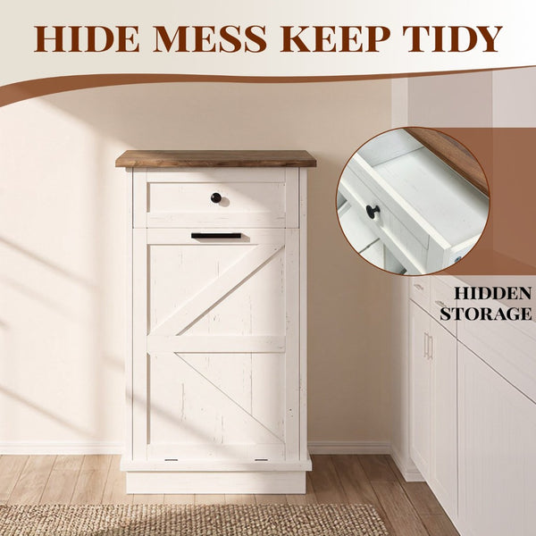 English Elm Tilt Out Trash Cabinet with Storage Drawer Conceals 10 Gallon Bin Pet Proof Brown+White T5831P489249