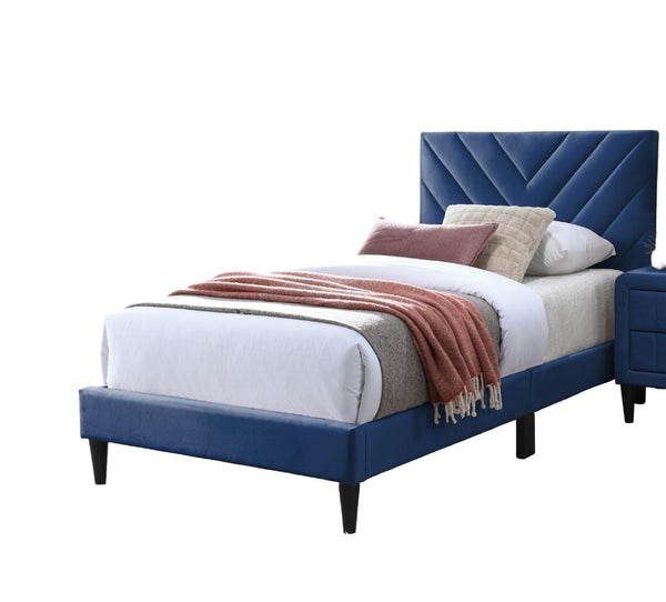 English Elm 1pc Twin Platform Bed Velvet Upholstered Adjustable Headboard V-stitch Blush Bedroom Navy Blue B011P415212