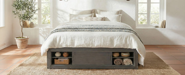 English Elm Queen Platform Bed with Four Storage Drawers Footboard Cubby Modern Low Profile Frame Gray LP000138AAE