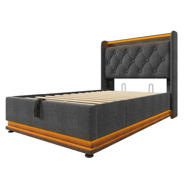 English Elm Twin Upholstered Bed with Hydraulic Storage, Surround LED, App/Remote Control & USB Type-C Charging Gray N736P188805G