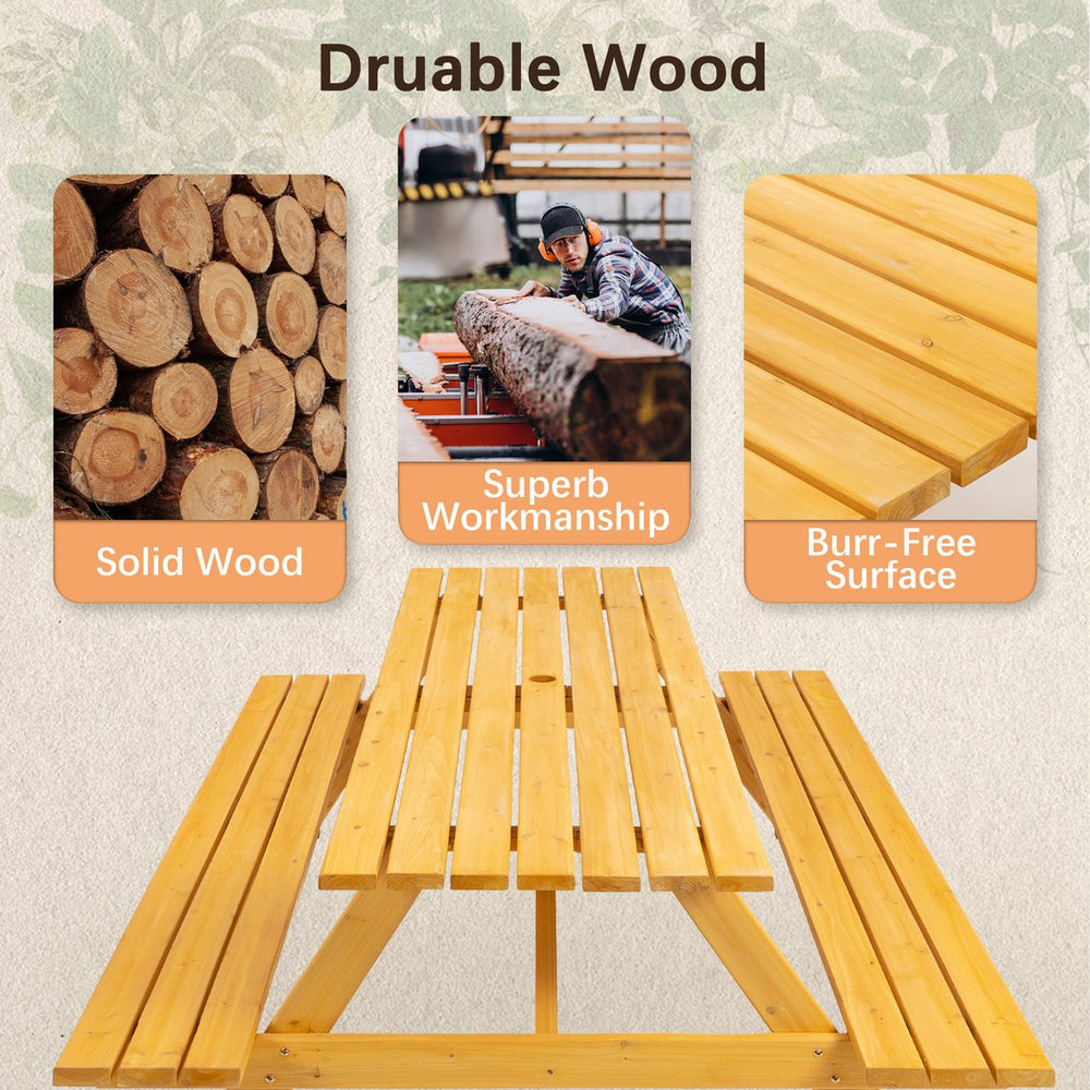 English Elm 8 Person Yellow Wooden Picnic Table with 2 Benches, Heavy-Duty Outdoor Garden Dining Table, 2" Umbrella Hole, 2220lb Capacity W1422P253376