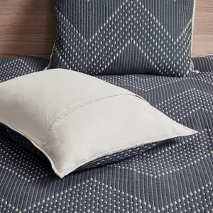 English Elm 3 Pomona Embroidered Cotton Quilt Set Navy King/Cal King – Chevron Taupe Reverse, Antimicrobial, Cozy Modern Bedding B03596540