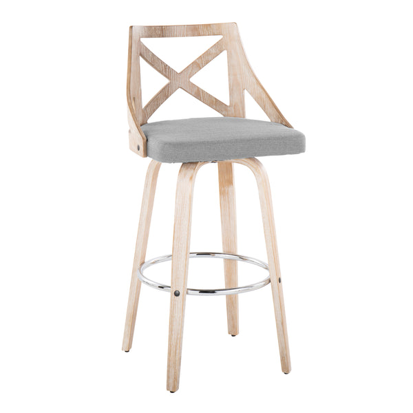 English Elm Charlotte 30" Farmhouse Barstool with 360° Swivel, White Wash Wood, X-Back, Padded Fabric Seat (Set of 2) Grey B202S00494