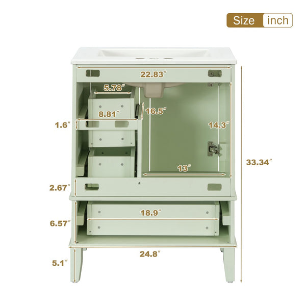 English Elm 24" Olive Bathroom Vanity Solid Wood Frame Ceramic Sink Gold Hardware Soft Close Green N729P373276F