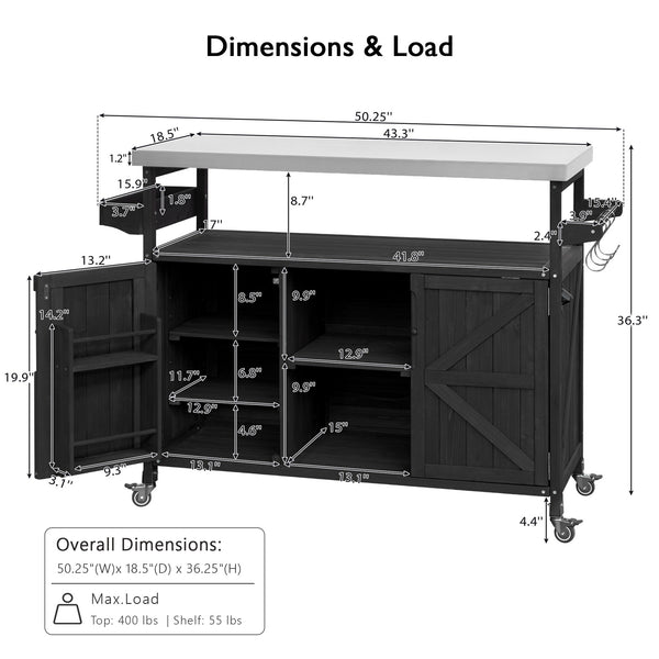 English Elm K&K Outdoor Kitchen Island Rolling Bar Cart with 1.2" 201 Stainless Top, Lockable Wheels, Spice Rack N707P235043B