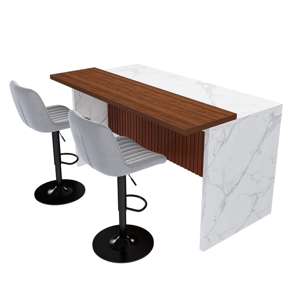 English Elm 63" Modern Kitchen Island Set With 2 Gray Bar Stools - Stylish Marble Look, Led Lighting & Versatile Use W2699S00070