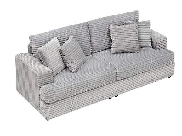 English Elm 88.58" corduroy 3-seater sofa with 4 matching throw pillows, sturdy wood frame, modern luxe comfort Gray W3356S00002