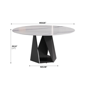 English Elm 59.05" Round Marble Dining Table - Elegant Black Iron Base, Seats 6-8, Modern Sintered Stone Design W1535S00401