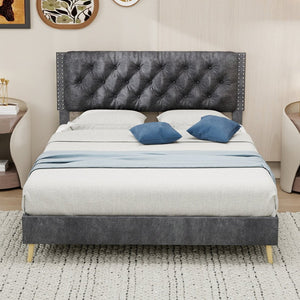 English Elm Suede Tufted Platform Bed Full Size Upholstered Headboard for Restful Bedroom Retreat Grey W1935P360997