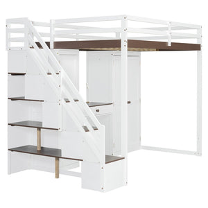 English Elm Full Size Teen Loft Bed with Wardrobe Staircase Storage Dressing Table and Led Lights LT000276AAP