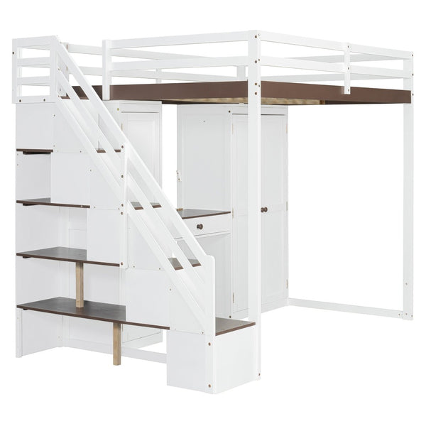 English Elm Full Size Teen Loft Bed with Wardrobe Staircase Storage Dressing Table and Led Lights LT000276AAP