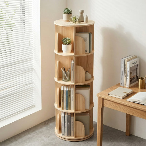 English Elm 3 Tier Spinning Round Bookcase Natural Wood Floor Shelf for Bedroom or Study W2989P460327