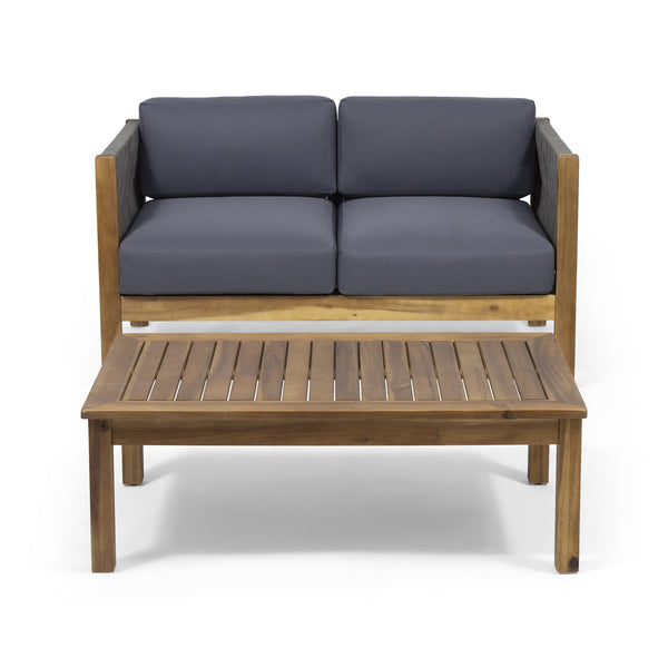 English Elm Christopher Knight Home® - Patio Loveseat & Coffee Table Set with Acacia Wood Frame, Rattan Rope Weave, Teak Cushions, Water-Resistant Finish 66338.00GRY