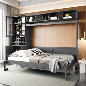 English Elm Queen Murphy Wall Bed Sofa with Open Shelving Usb Charging and Integrated Studio Lighting Gray LP100764AAE