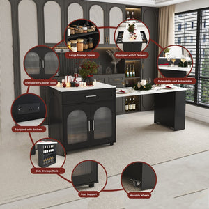 English Elm 80-inch Expandable Kitchen Island with Charging Station, Solid Wood-Grain Top, Mobile Storage Cart Black W2700S00075