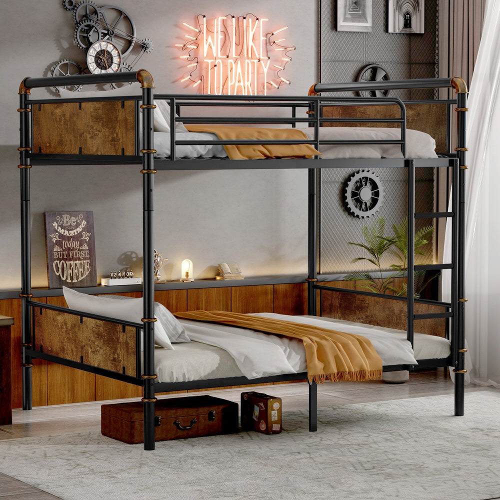 English Elm Twin XL Industrial Metal Bunk Bed with Rustic Wood Accents, Detachable Twin XL Stackable Design, 300lb Capacity W2580P285206