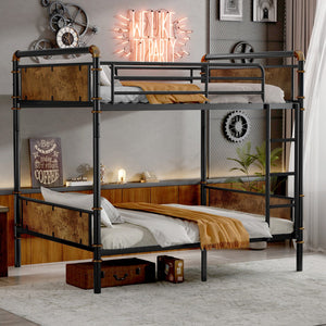 English Elm Twin XL Industrial Metal Bunk Bed with Rustic Wood Accents, Detachable Twin XL Stackable Design, 300lb Capacity W2580P285206