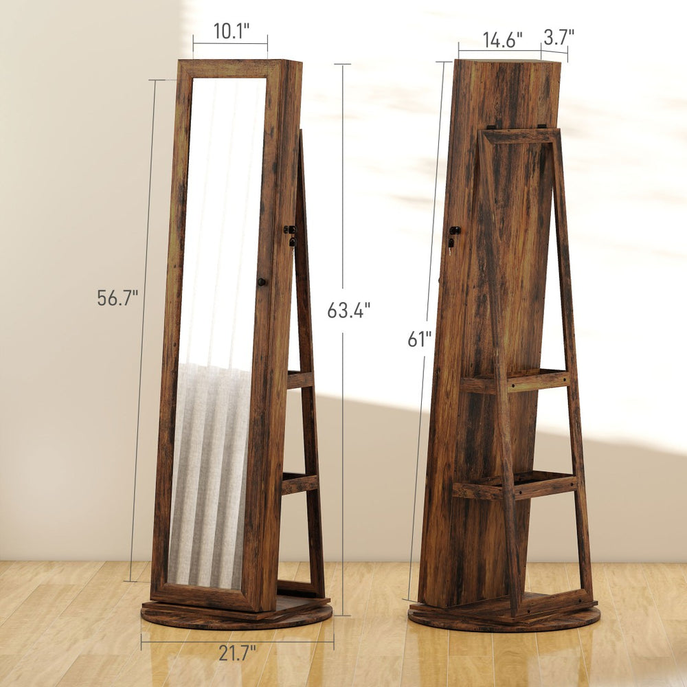 English Elm Robust Rotating Floor Jewelry Armoire with Full Length Mirror and Locking Mdf Cabinet T3971P430644